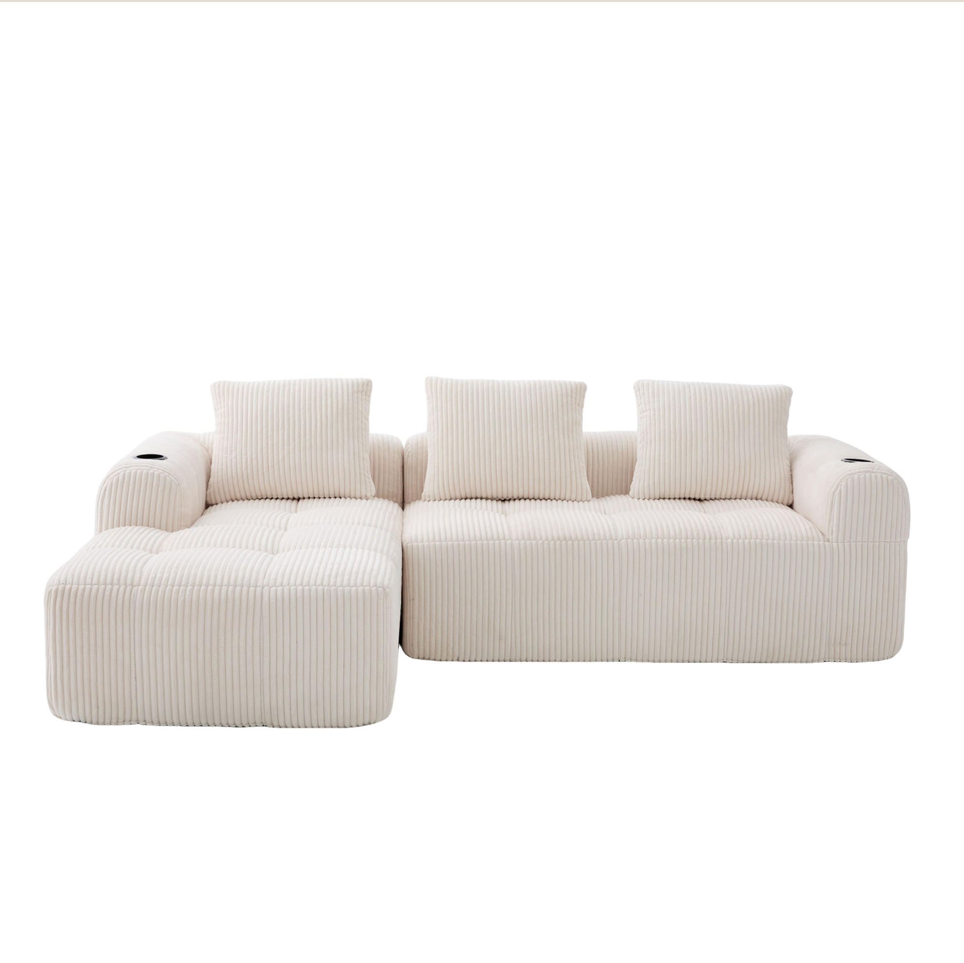 ECKSOFA aus Cord 253x158x61 cm in Beige mit Seitenfächern & Becherhaltern - Beige, Textil (158/253cm) - Modfu