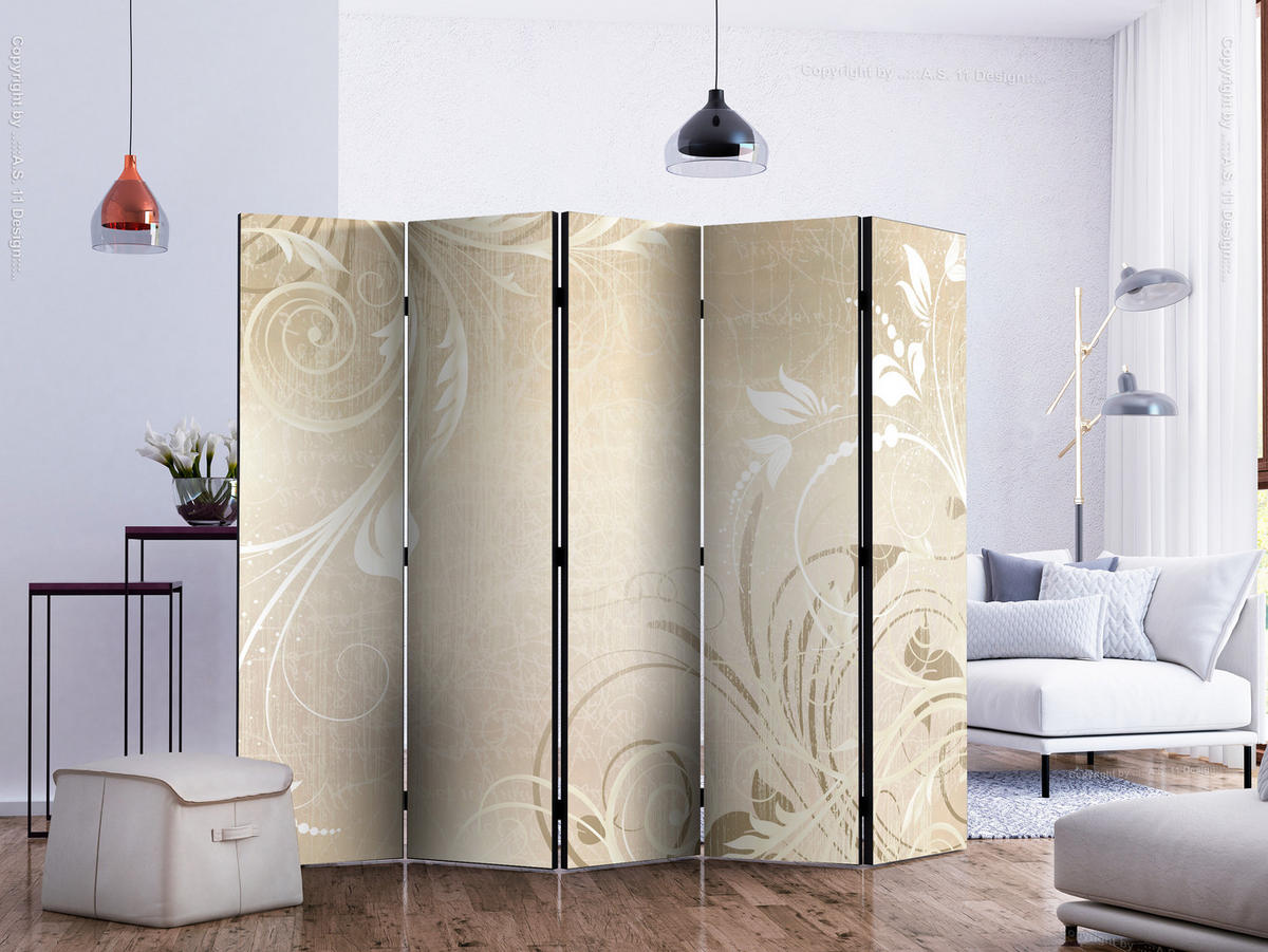 PARAVÁN Obojstranný 5-Dielny 225x172 cm Ornamenty - béžová, drevo/textil (225/172/3cm) - Muralo