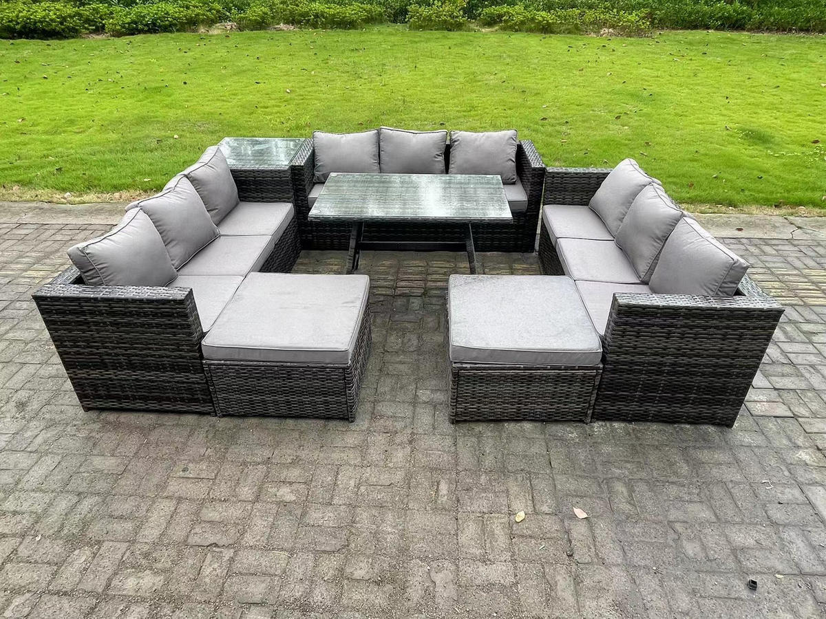 GARTENMÖBELSET mit Esstisch 11-Sitzer Grau - Dunkelgrau/Grau, Glas/Kunststoff - Fimous