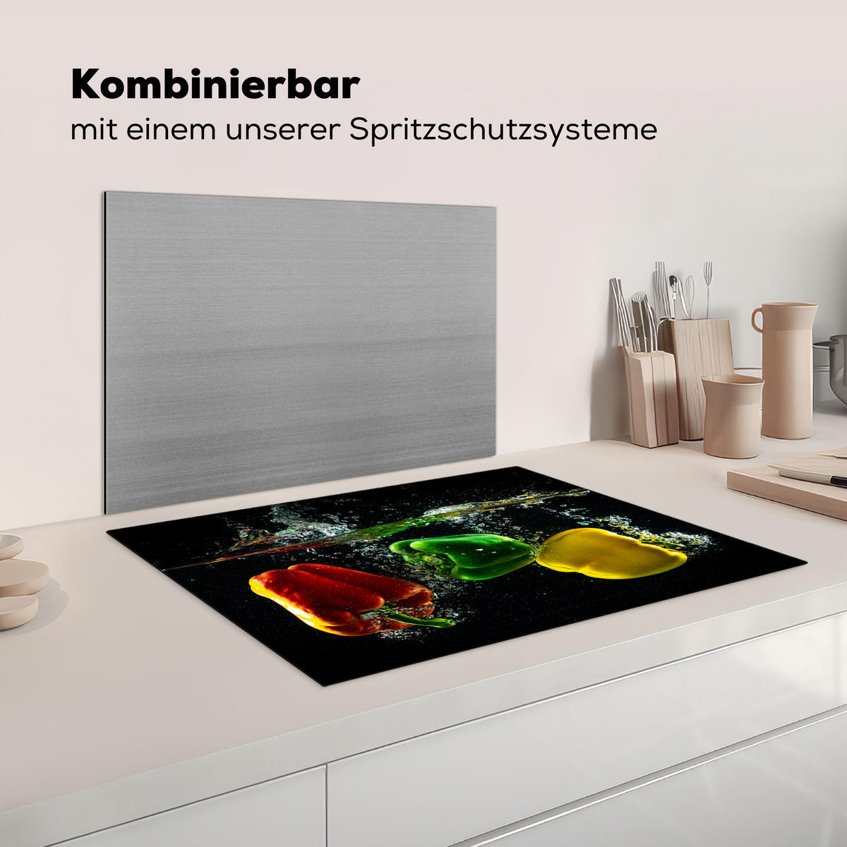 HERDABDECKPLATTE Paprika - Gemüse - Wasser - Schwarz - Rot - Grün - Gelb Herdabdeckung Induktionsfeld 75x52 cm - Multicolor, Kunststoff (75/52/0.2cm) - MuchoWow