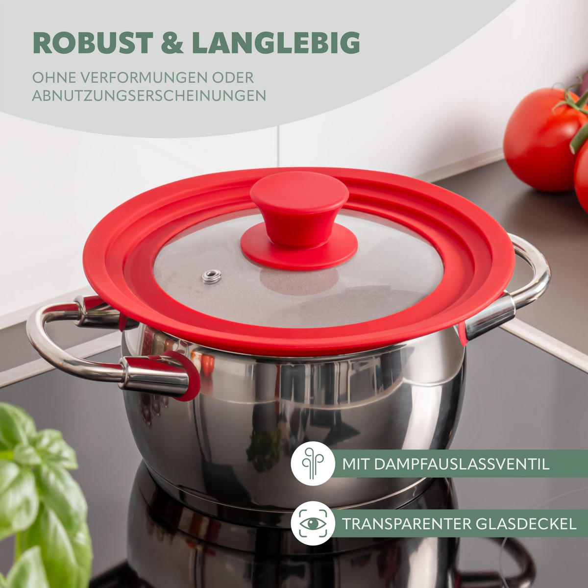 UNIVERSAL-GLASDECKEL, rot, Silikon, Edelstahl - Rot, Glas (20/20/5cm) - bremermann