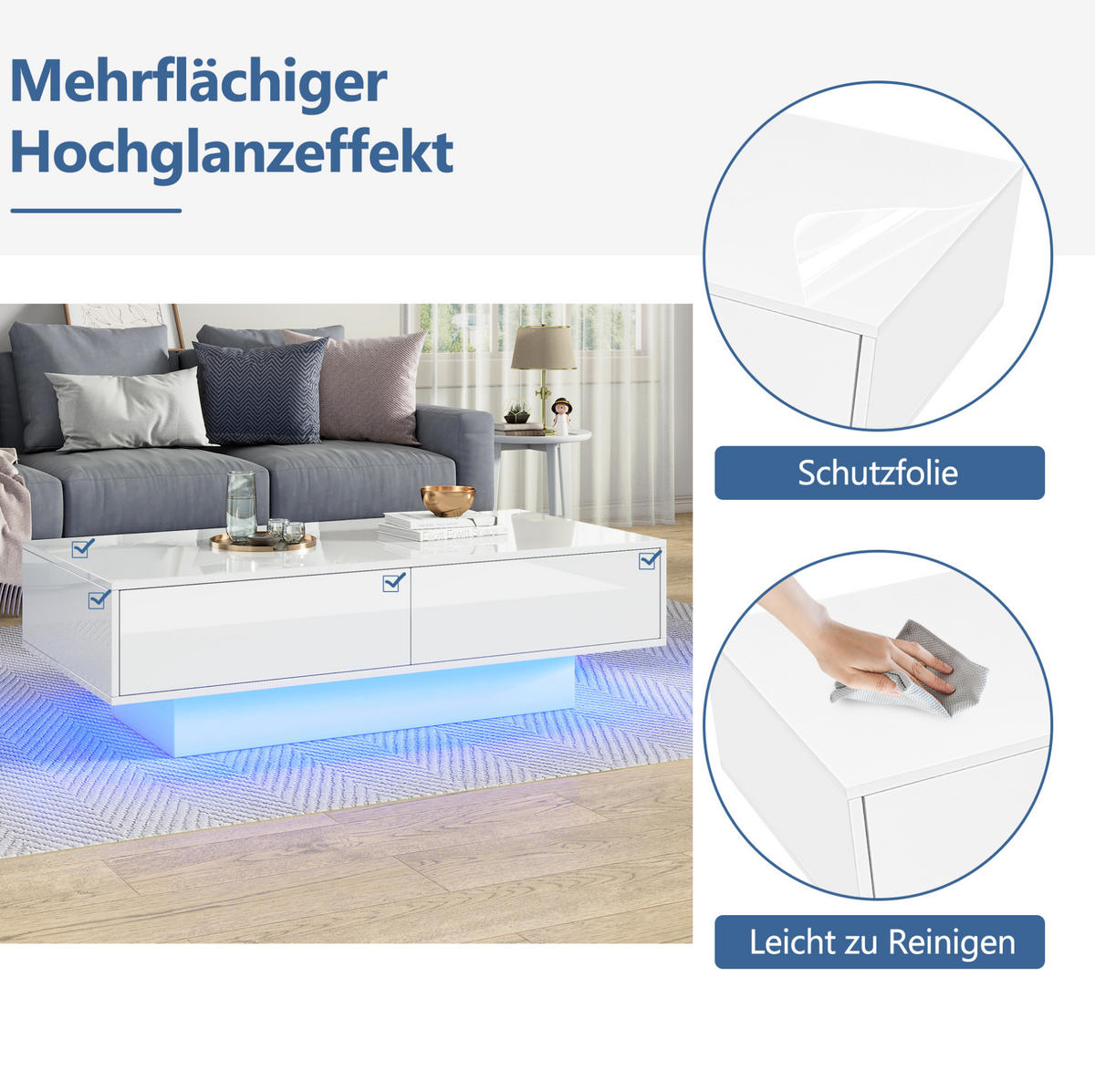 KLUBSKA miza 115/55/34 cm z 2 predaloma in LED osvetlitvijo, visoki sijaj, Bela - bela, leseni material (115/55/34cm) - Redom
