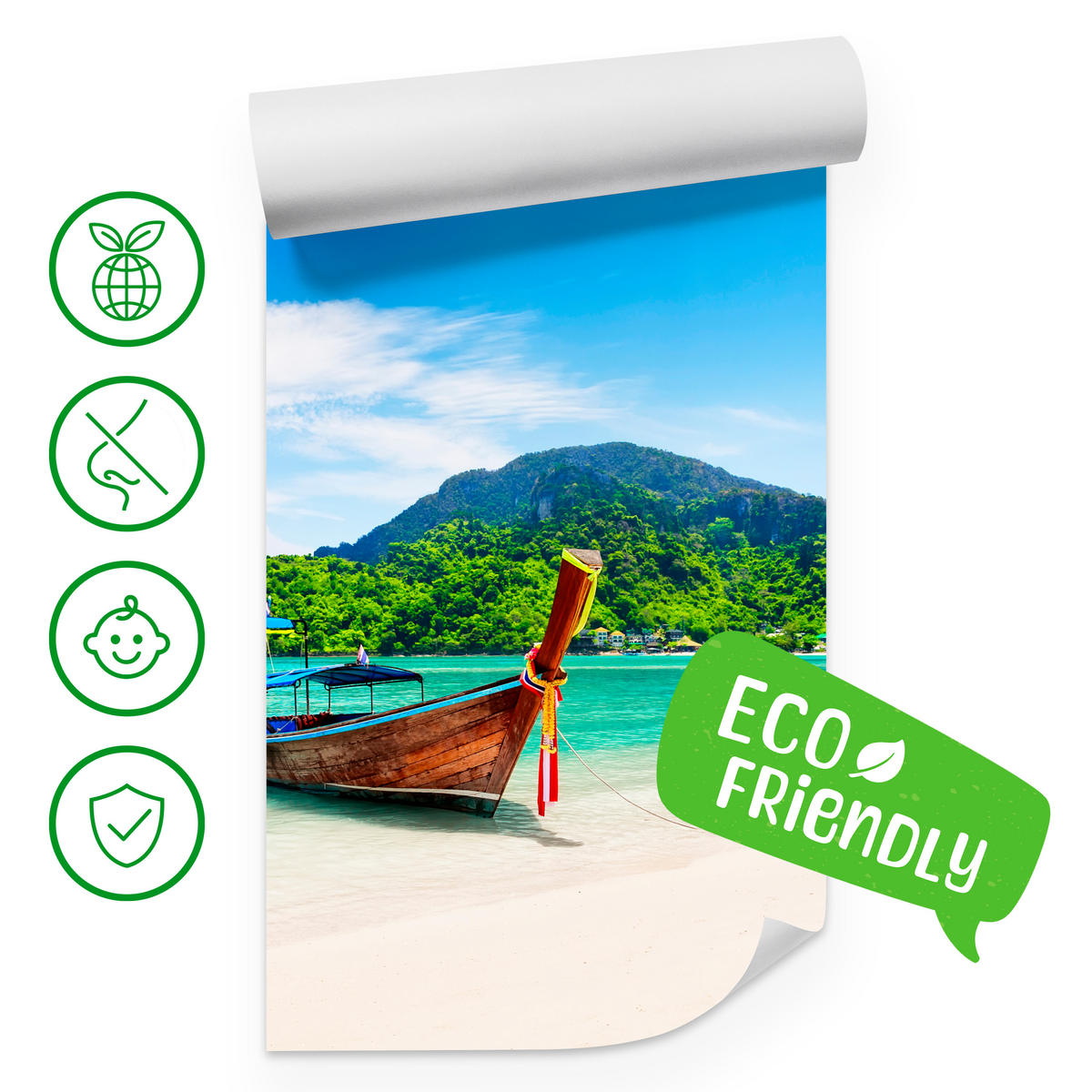 FOTOTAPETE für Schlafzimmer Boot Tropenstrand Palmen Meer 200x140 - Türkis/Blau, Papier (200/140cm) - Muralo