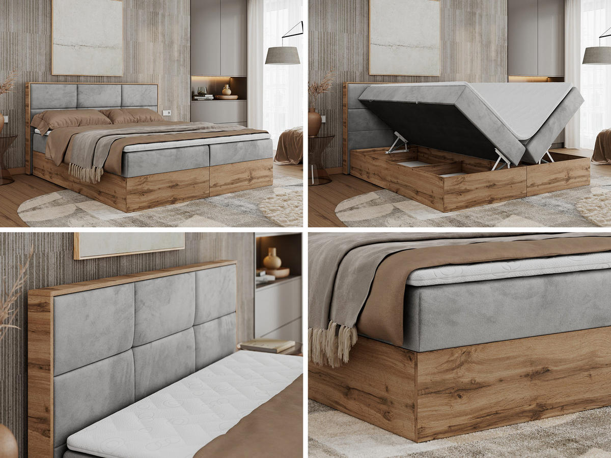 BOXBETT ALBERO 2 - 120/200 Hellgrau Velvet - H3 - Hellgrau, Holz/Textil (120/200cm) - MKS