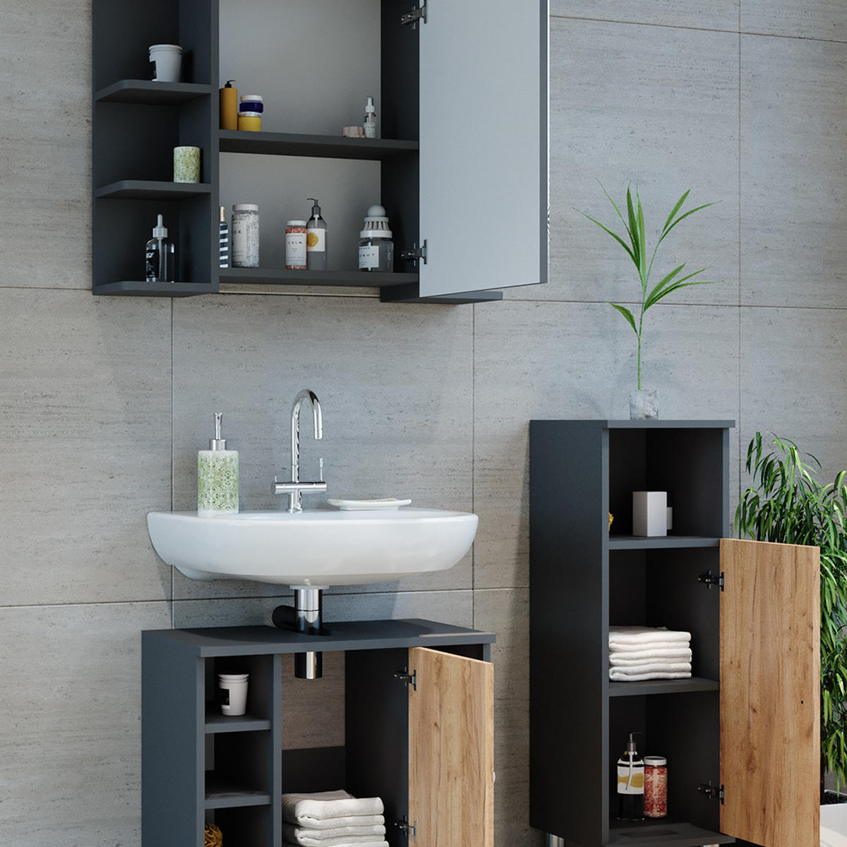 BADMÖBEL-SET Fynn Anthrazit/Goldkraft Eiche 3 Teile mit Midischrank - Honigeiche/Anthrazit, Holzwerkstoff (60/54/32cm) - Vicco