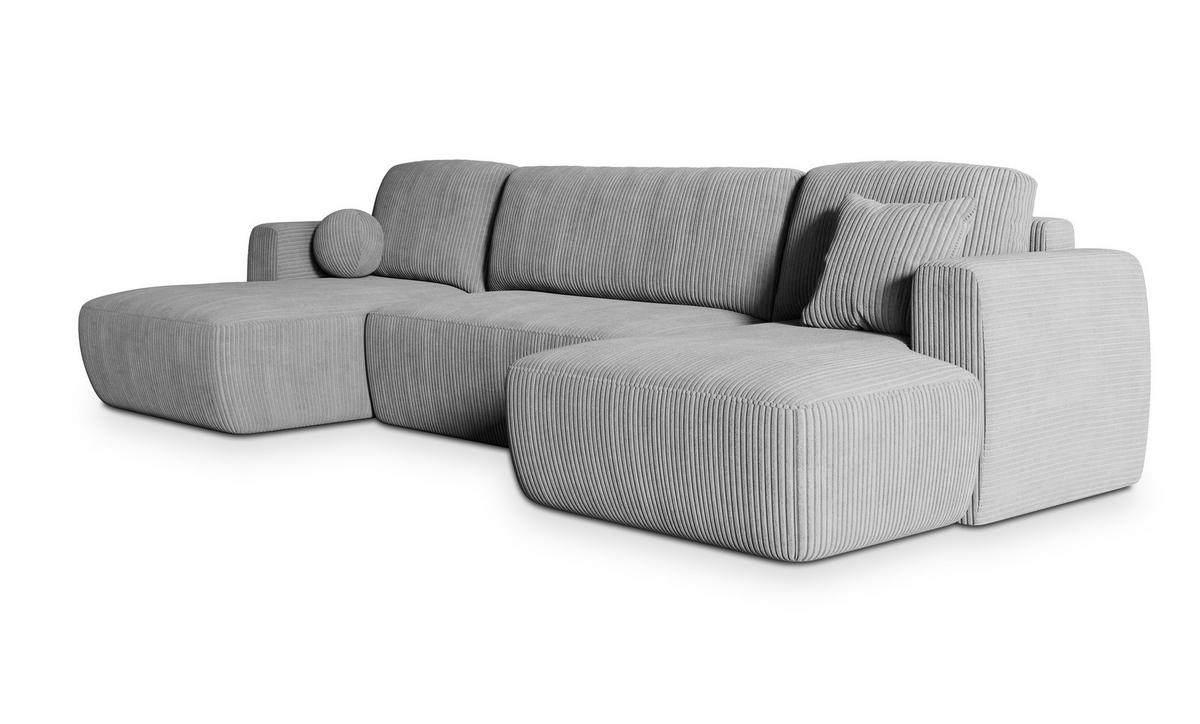 WOHNLANDSCHAFT SENTUM P Hellgrau Kordstoff mit Schlaffunktion - Hellgrau, Holz (330/90/148cm) - MASSENO