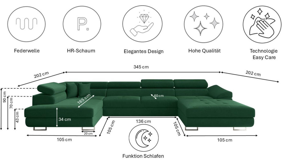 ECKSOFA Falio II U-förmiges Mit Schlaffunktion Und Verstellbaren Kopfstützen Dunkelgrün Links - Dunkelgrün, Holz/Textil (202/345cm) - Kaiser Möbel