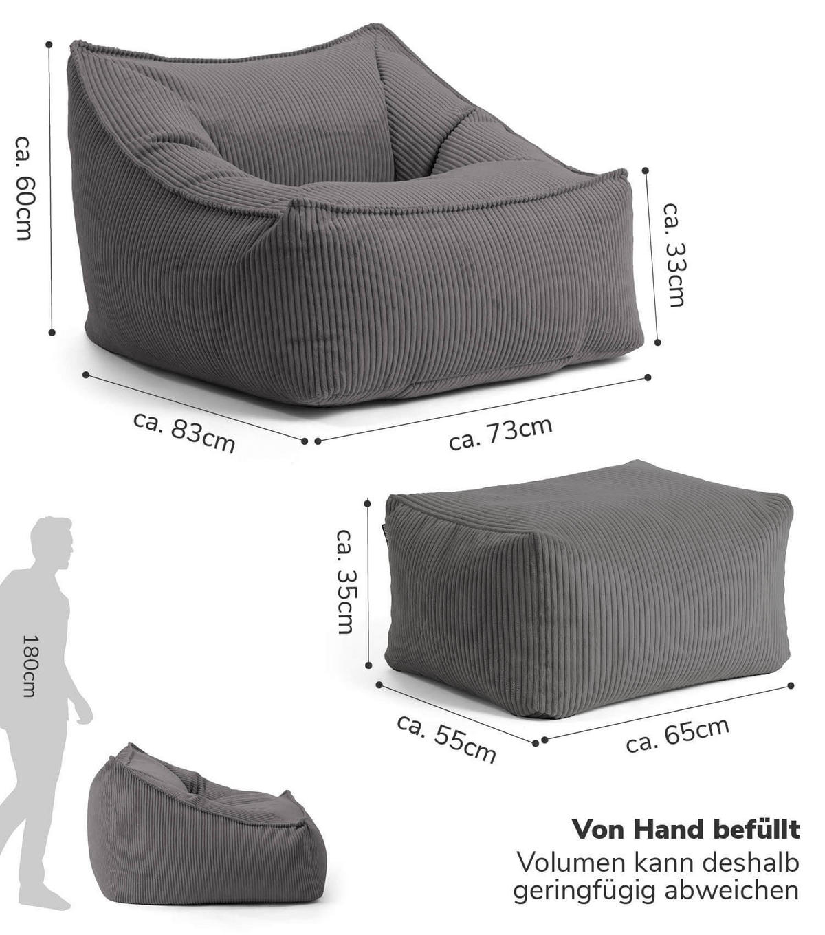 SITZSACK mit Hocker Der Lümmel - Anthrazit, Textil (73/60/138cm) - Mokebo