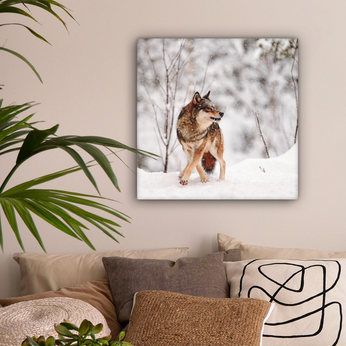 LEINWANDBILD Wolf - Winter - Schnee - Natur - Tiere 50x50 cm - Haselnussfarben, Textil (50/50cm) - MuchoWow
