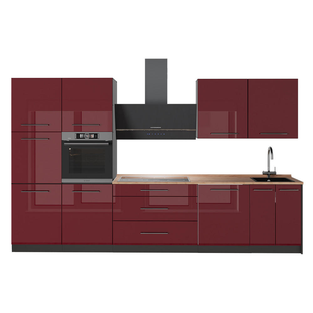 KÜCHENZEILE Fame-Line, Bordeaux Hochglanz/Anthrazit, 340 cm, AP Eiche - Bordeaux/Anthrazit, Holzwerkstoff (340/206.8/60cm) - Vicco