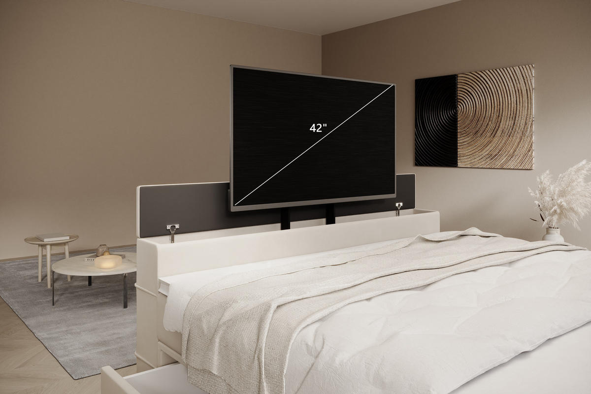 BOXSPRINGBETT Arosa TV mit Schubladen und Topper, TV-Lift, LED Beleuchtung, Samt, 180x200 cm, Grau - Grau, Holz - PROMETO Möbel