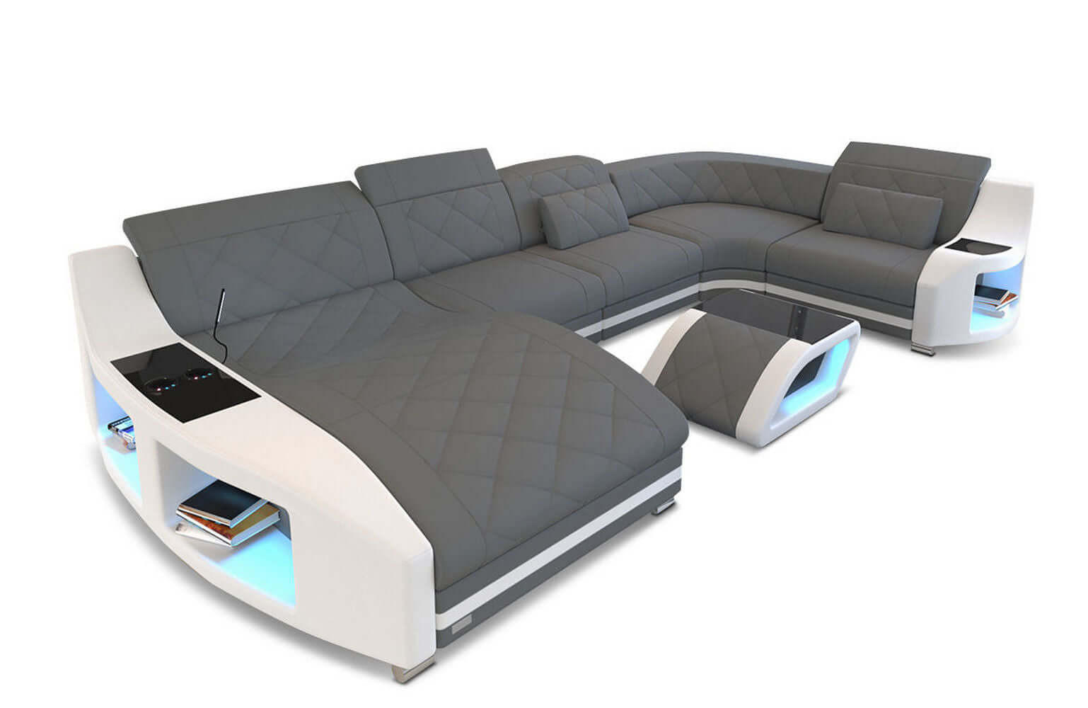 WOHNLANDSCHAFT Stoff Sofa Swing U Form Grau Weiß Mikrofaserstoff - Grau, Kunststoff (404/90/220cm)