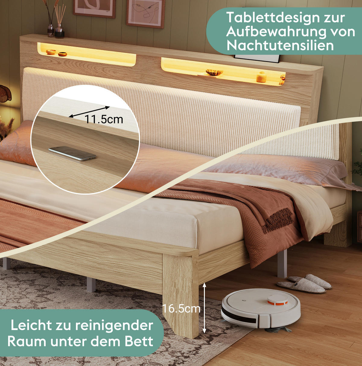 POLSTERBETT mit LED-Beleuchtung 140/200 cm mit Bettbank und Stauraum - Beige, Textil (140/200cm) - BEAOK