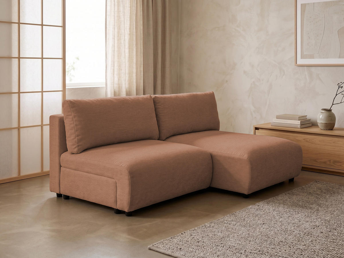 ECKSOFA Sora mit Schlaffunktion, Bettkasten und extra tiefer Komfortzone aus hochwertigem Terrakotta Strukturstoff - Terracotta/Schwarz, Holz/Kunststoff (200/140cm) - S-Style