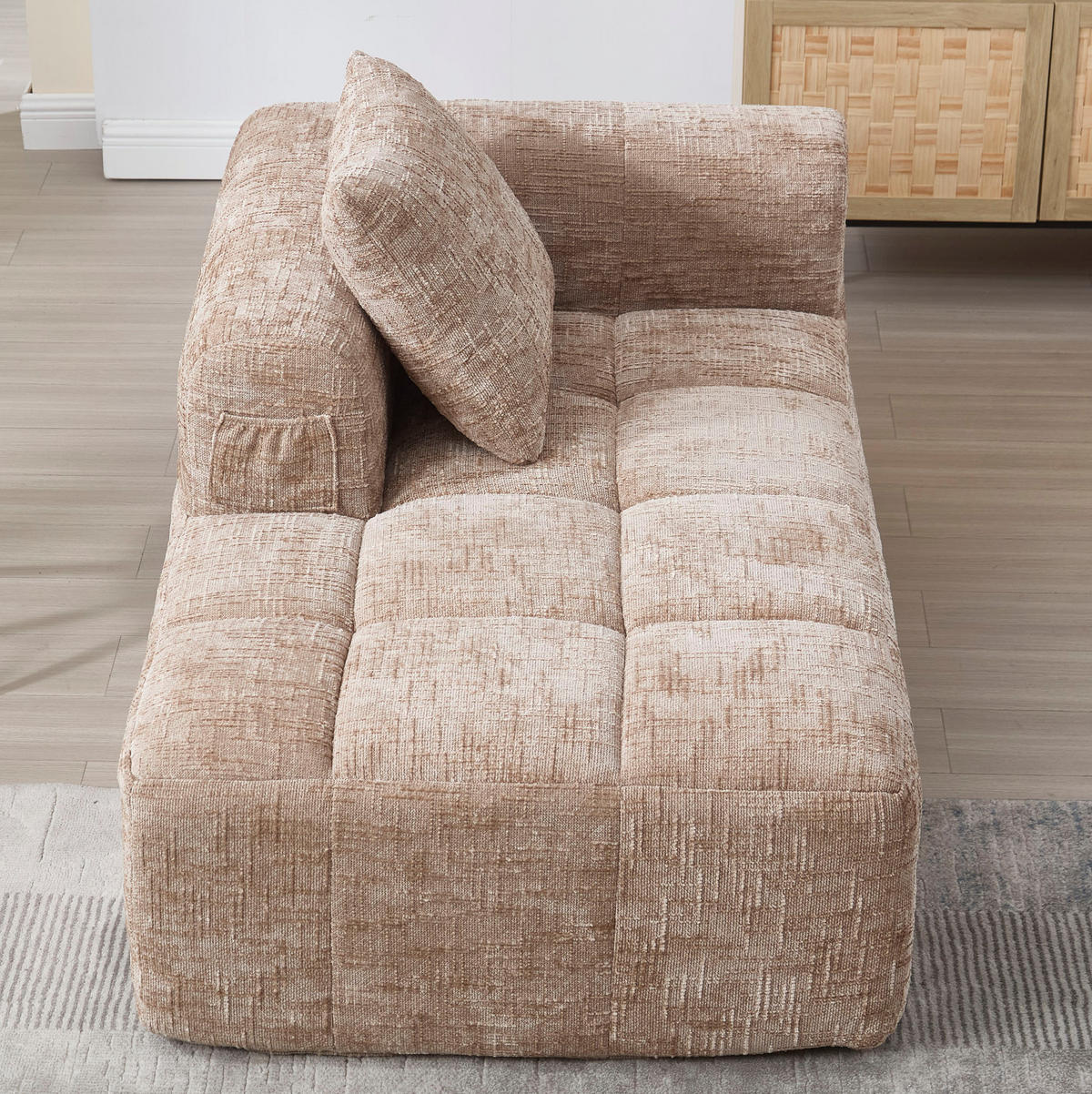 CHAISELONGUE Sofa Chenille mit Seitentaschen und Kissen 158/90/60 cm Sandfarben - Sandfarben, Textil (60/158/90cm) - Redom