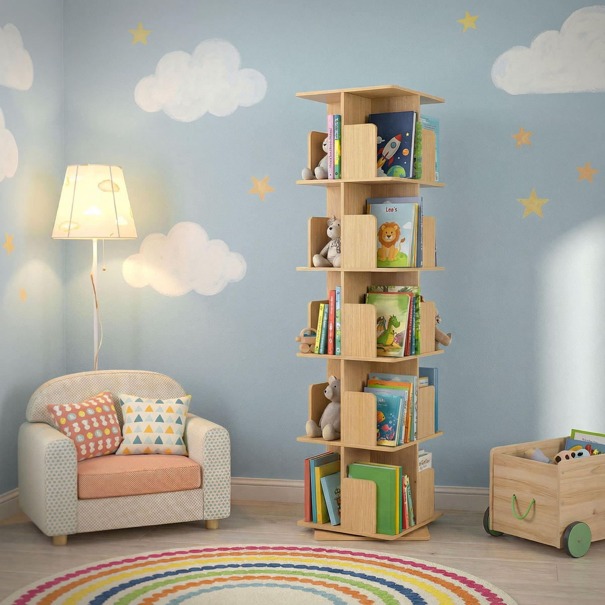 BÜCHERREGAL Kinder mit 5 Ebenen Eiche 40x155x40 cm Drehbar 360 Grad - Beige, Holzwerkstoff (40/155/40cm) - ML-DESIGN