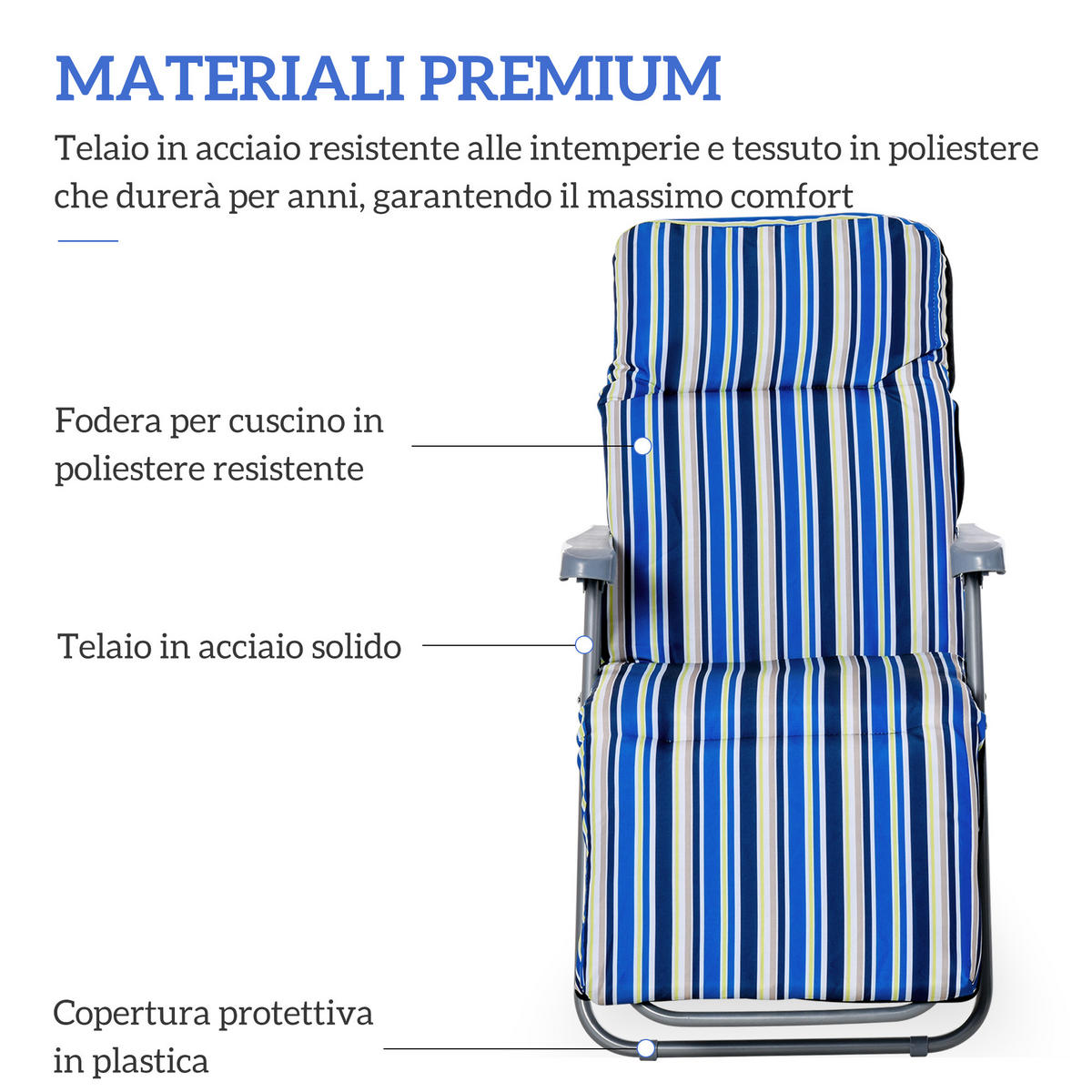 SONNENLIEGE Set mit 2 klappbaren mit 5-fach verstellbarer Rückenlehne, 60 x 75 x 102 cm, Blau und Creme - Blau, Metall (60/102/75cm) - Vallsero