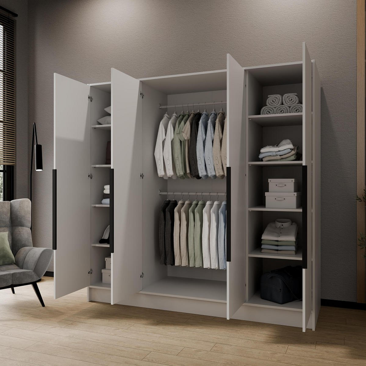 DREHTÜRENSCHRANK Pavia ohne Spiegel, Weiß mit mit schwarzen Griffen, 200 cm - Weiß, Holzwerkstoff (200/200/51cm) - Beautysofa