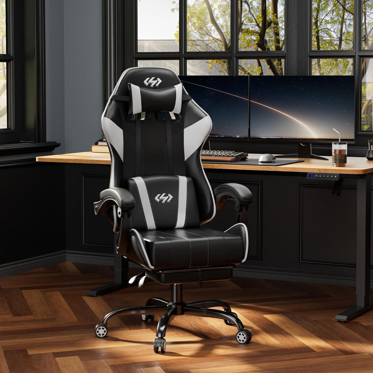 GAMING Stuhl mit Fußstütze Schwarz-Weiß - Multicolor, Kunststoff (70/126/70cm)