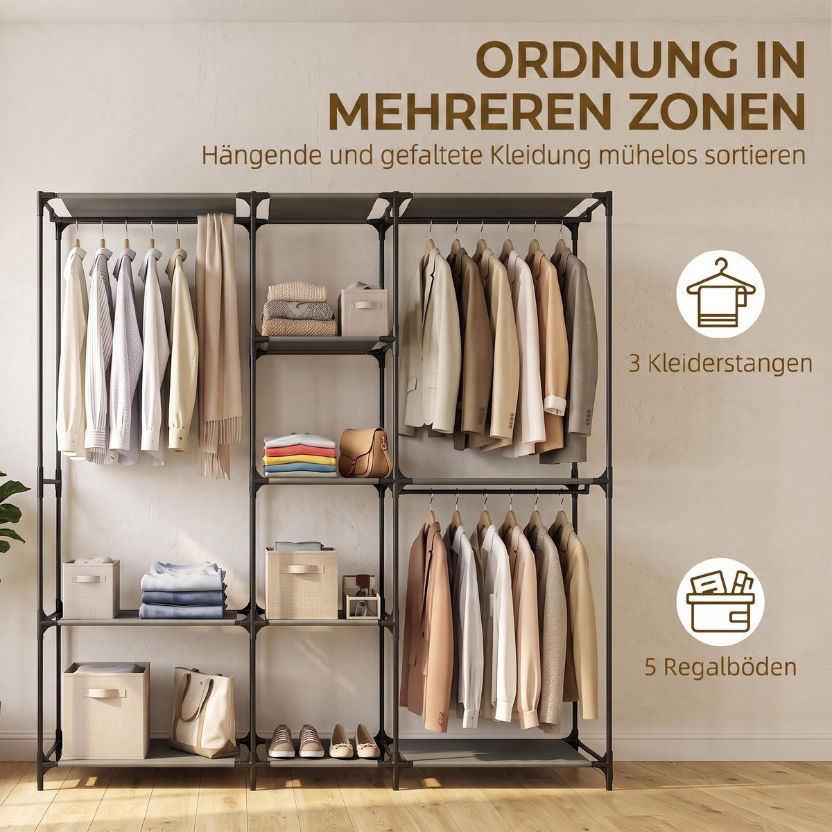 TEXTIL-KLEIDERSCHRANK Vliesstoff 100 Polyester Stahl Schwarz - Schwarz, Textil (43/182/182cm) - HOMCOM