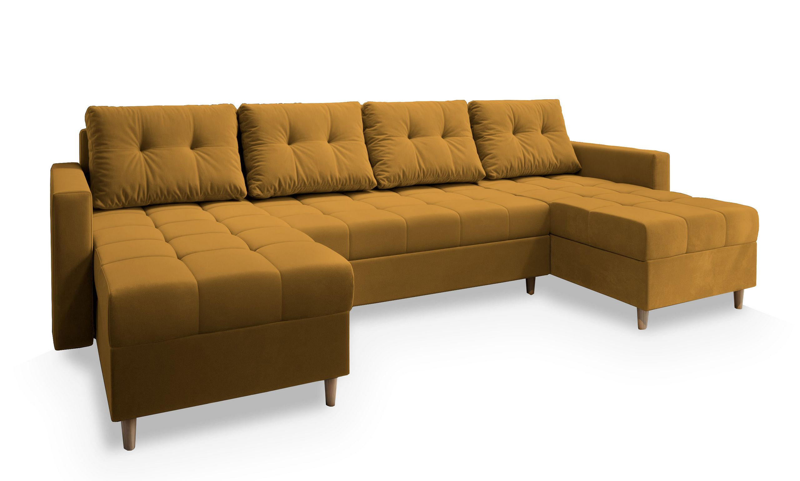 WOHNLANDSCHAFT MILO U Gelb Plüsch-Stoff mit Schlaffunktion - Gelb, Holz (285/91/140cm) - MASSENO
