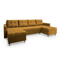 WOHNLANDSCHAFT MILO U Gelb Plüsch-Stoff mit Schlaffunktion - Gelb, Holz (285/91/140cm) - MASSENO