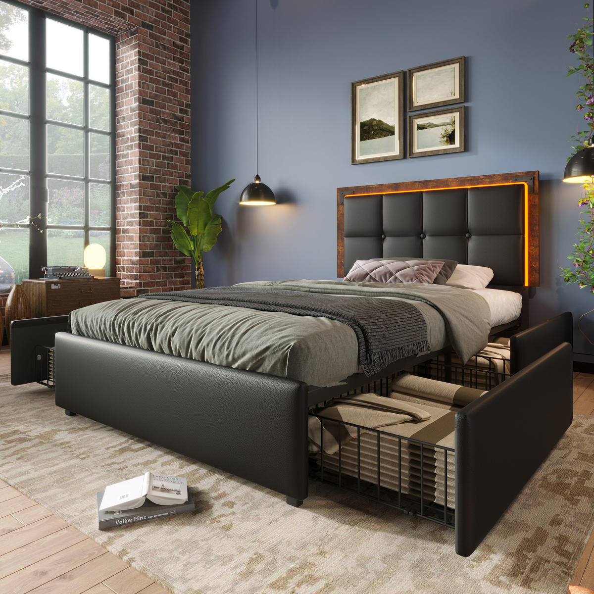 POLSTERBETT 90/200 cm Schwarz mit LED-Beleuchtung und 4 Schubladen - Schwarz, Kunststoff (90/200cm) - OKWISH
