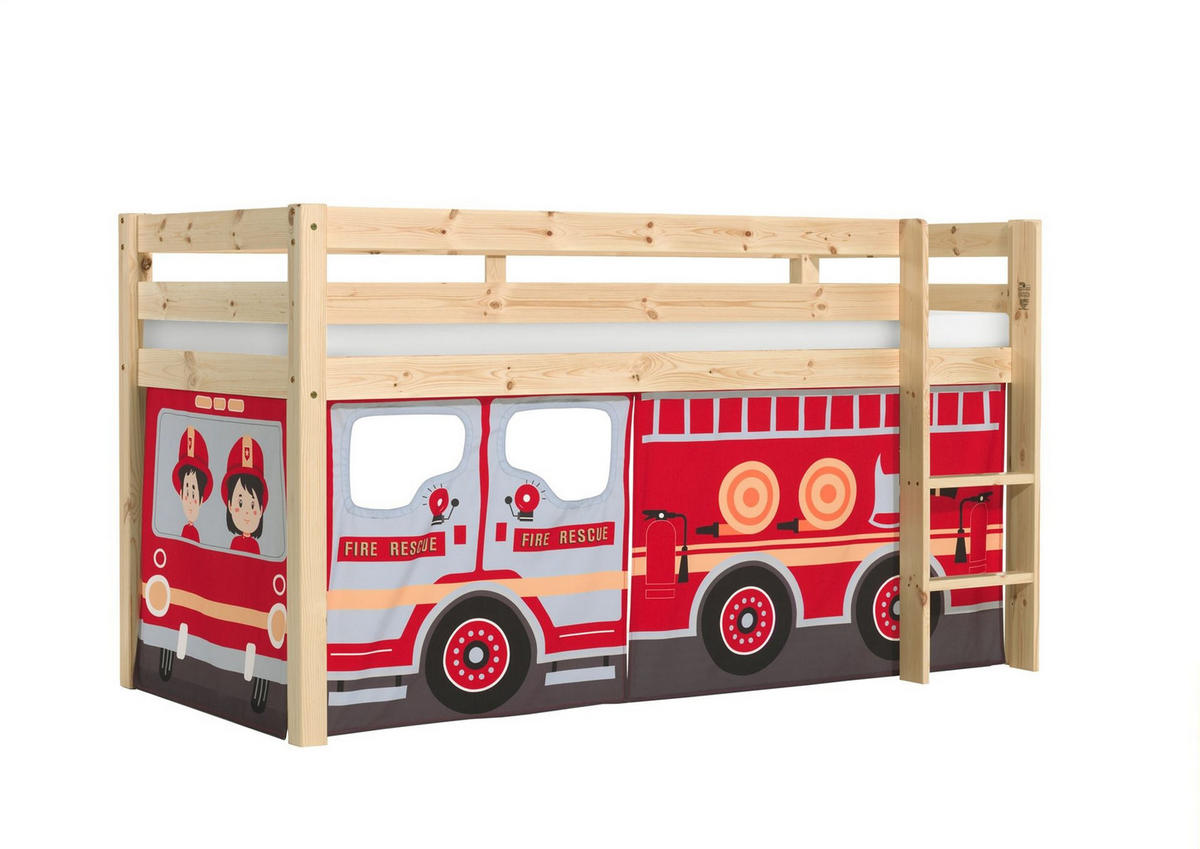 KINDERBETT Karolina 210x114x106 Massivholz Natur Textilset Feuerwehr - Kieferfarben/Dunkelrot, Holz (90/200cm) - 58aufmkessel