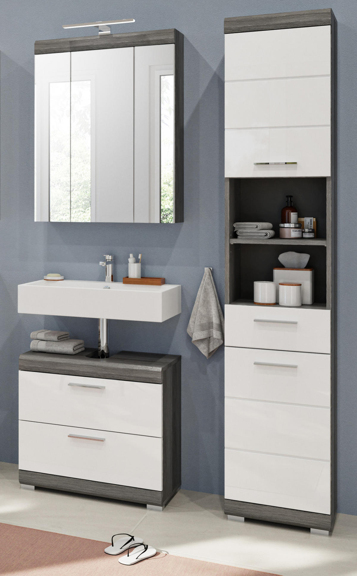 BADMÖBEL-SET weiß Hochglanz, grau 3-teilig 112 cm, Komplettset mit 15 Fächern - Weiß Hochglanz/Grau, Holzwerkstoff (112/191/34cm) - Inn.Furn