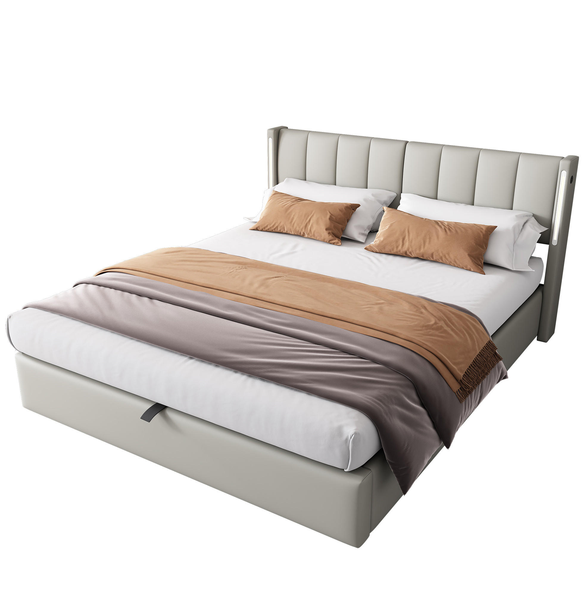 POLSTERBETT 160/200 cm mit LED-Beleuchtung, USB-Anschluss, verstellbarem Kopfteil und Bettkasten, Grau - Grau, Kunststoff (160/200cm) - Redom