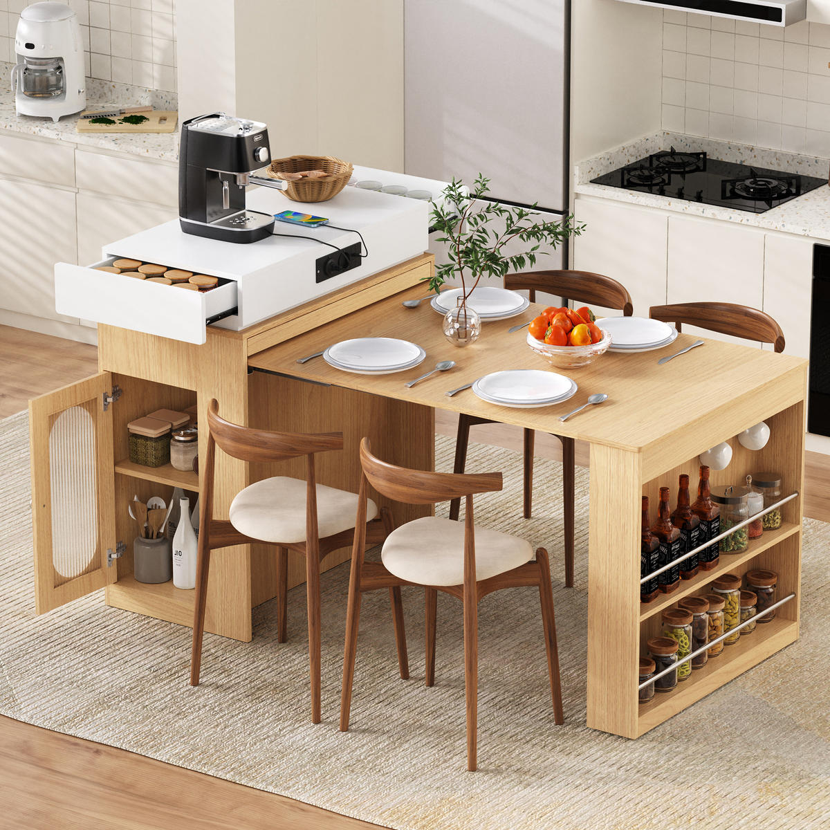 KÜCHENINSEL 83/46-146,5/96 cm natur aus MDF mit ausziehbarer Klappplatte und Steckdosen - Naturfarben, Holzwerkstoff (83/96/46cm) - OKWISH