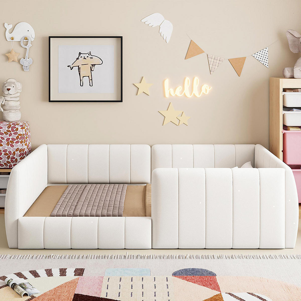 PLATTFORMBETT 90x200cm mit Sicherheitsgeländer, Beige - Beige, Holz (90/200cm) - KOMHTOM