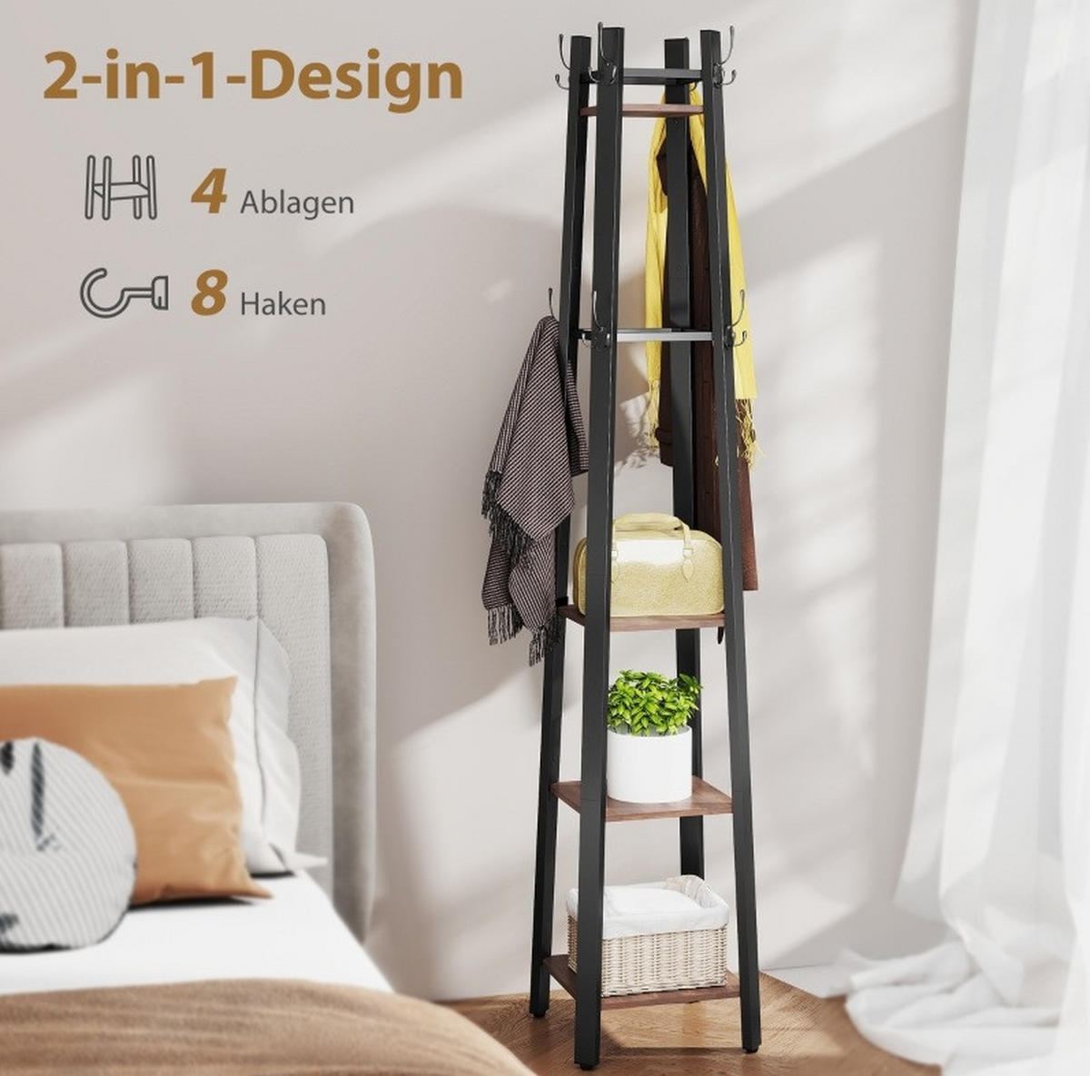 GARDEROBENSTÄNDER 34,8/34,8/179 cm mit 8 Haken und 4 Ablagen aus Metall und Holzoptik, Braun - Braun, Holz (34.8/179/34.8cm) - Redom
