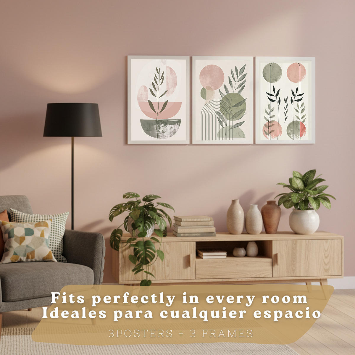 PLAKAT Sada 3 dekorativních nástěnných tisků, zelené a růžové tvary, pro moderní dekoraci obývacího pokoje květinové motivy, velikost Bílý rám A4 - bílá, papír (21/29.7/3cm) - Nacnic