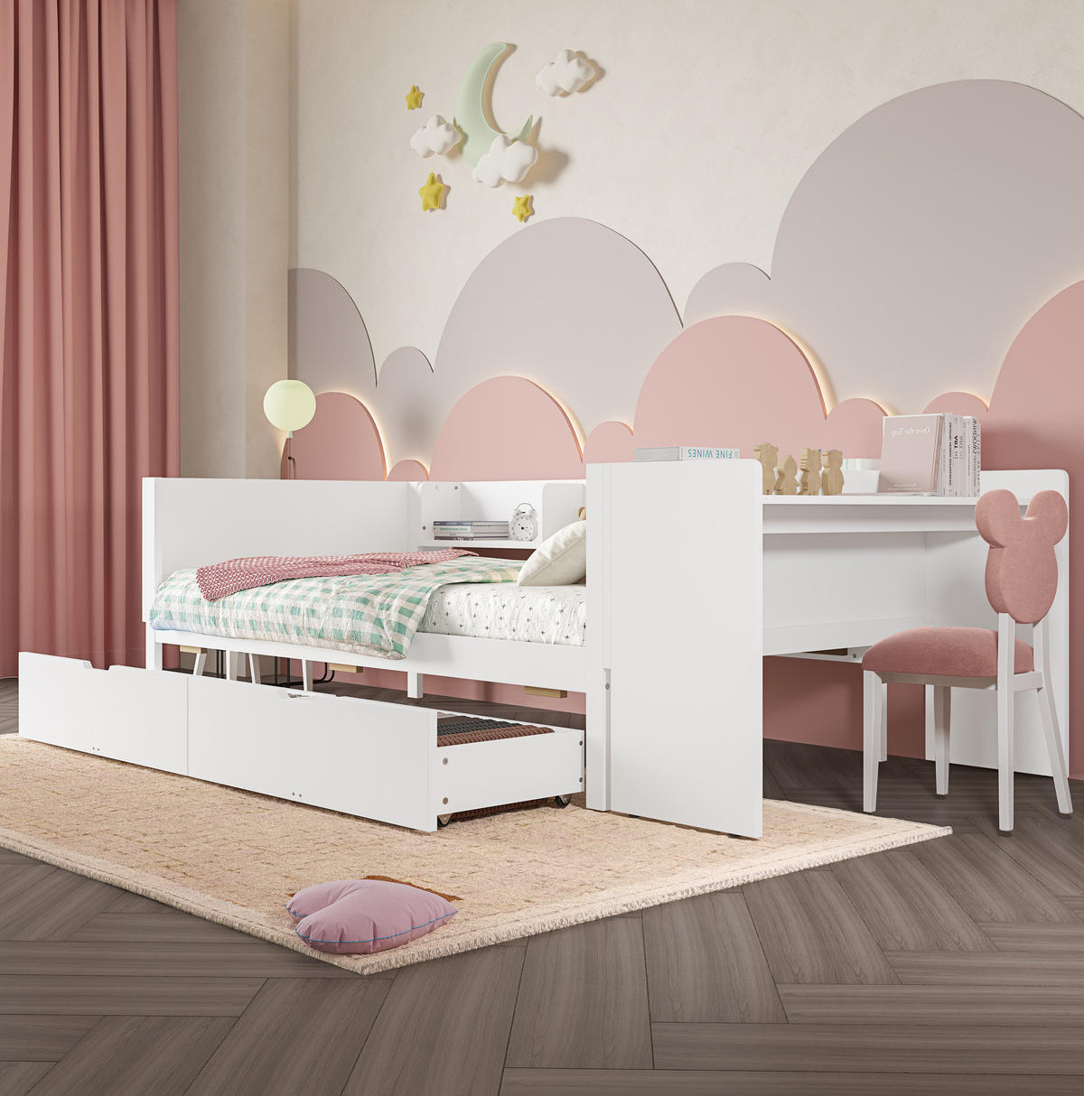 EINZELBETT aus Kiefer und Spanplatte 90x200 cm Weiß mit Schreibtisch, 2 Schubladen und 3 Regalen - Weiß, Holzwerkstoff (90/200cm) - Modfu