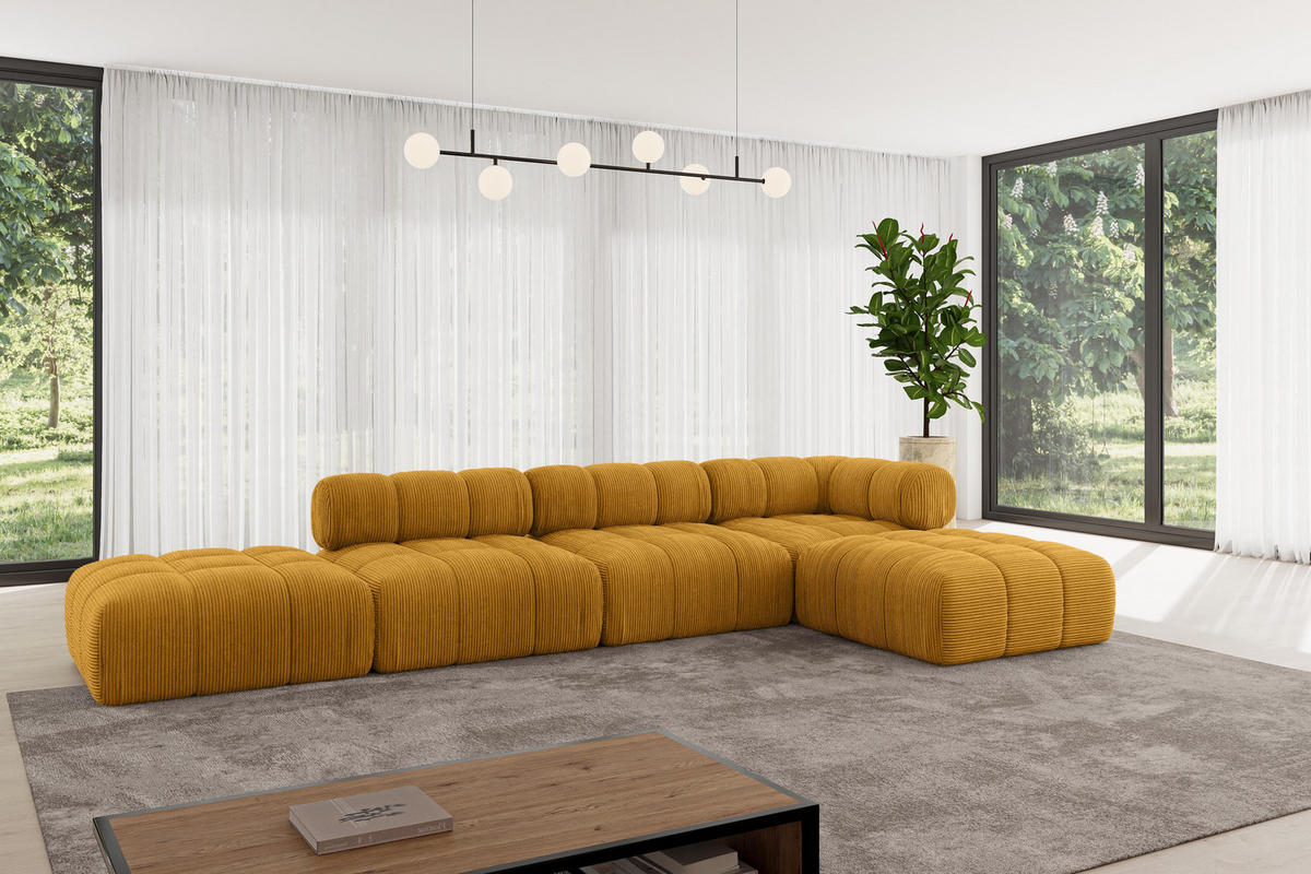 ECKSOFA modulares Sofa Kerru-L2 - 380x190x70 cm Senfgelb Cord - Currygelb, Holzwerkstoff/Textil (380/190cm) - ALTDECOR