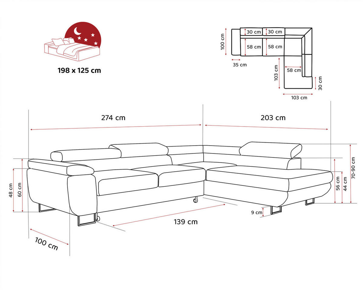 ECKSOFA ANTON mit Schlaffunktion und Bettkasten Dunkelgrau - Dunkelgrau, Holzwerkstoff/Kunststoff (274/203cm) - Idohome