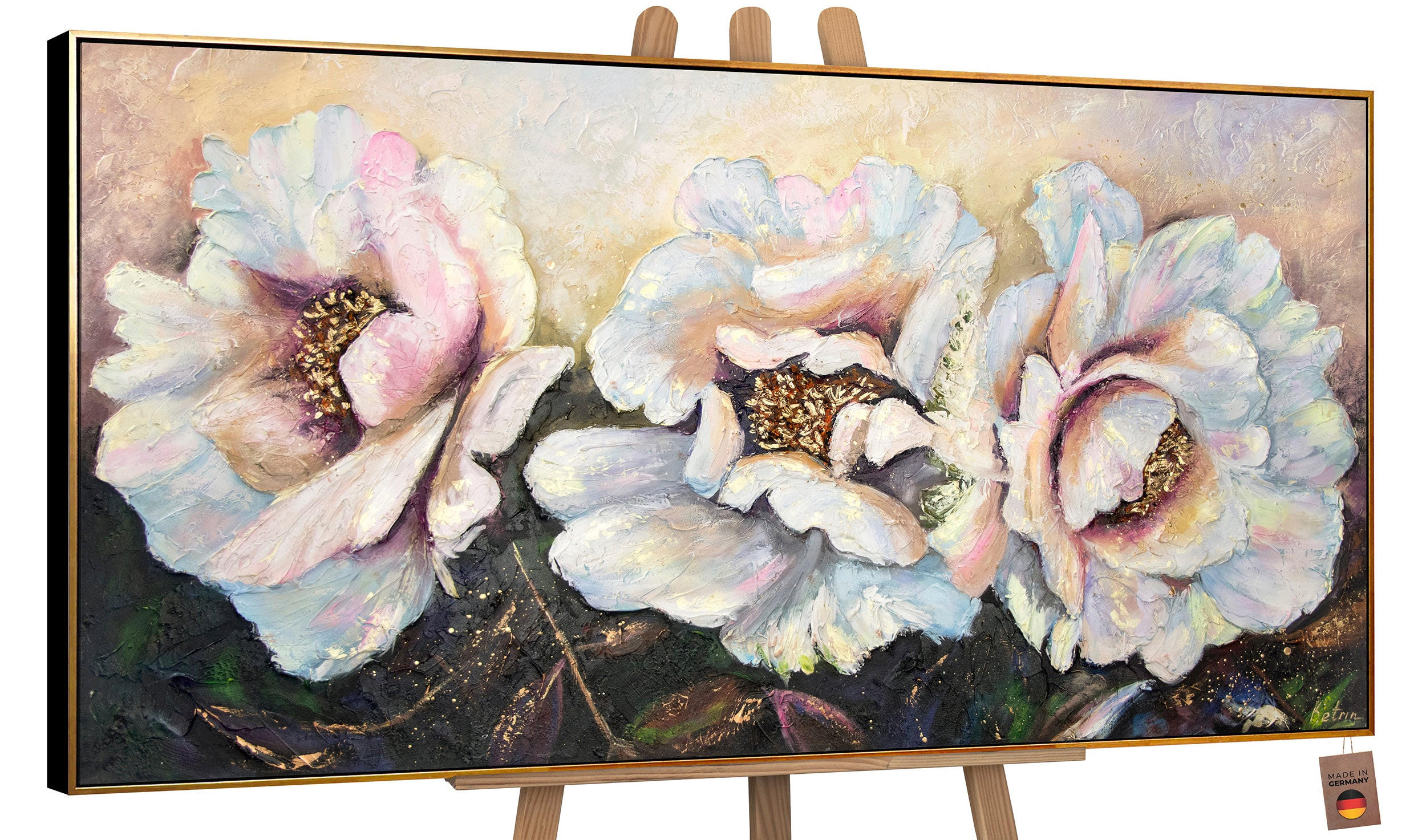 GEMÄLDE Pfingstrosen Schattenfugenrahmen Schwarz-Gold 140x70 cm - Schwarz Hochglanz, Holz (140/70cm) - YS-art gallery