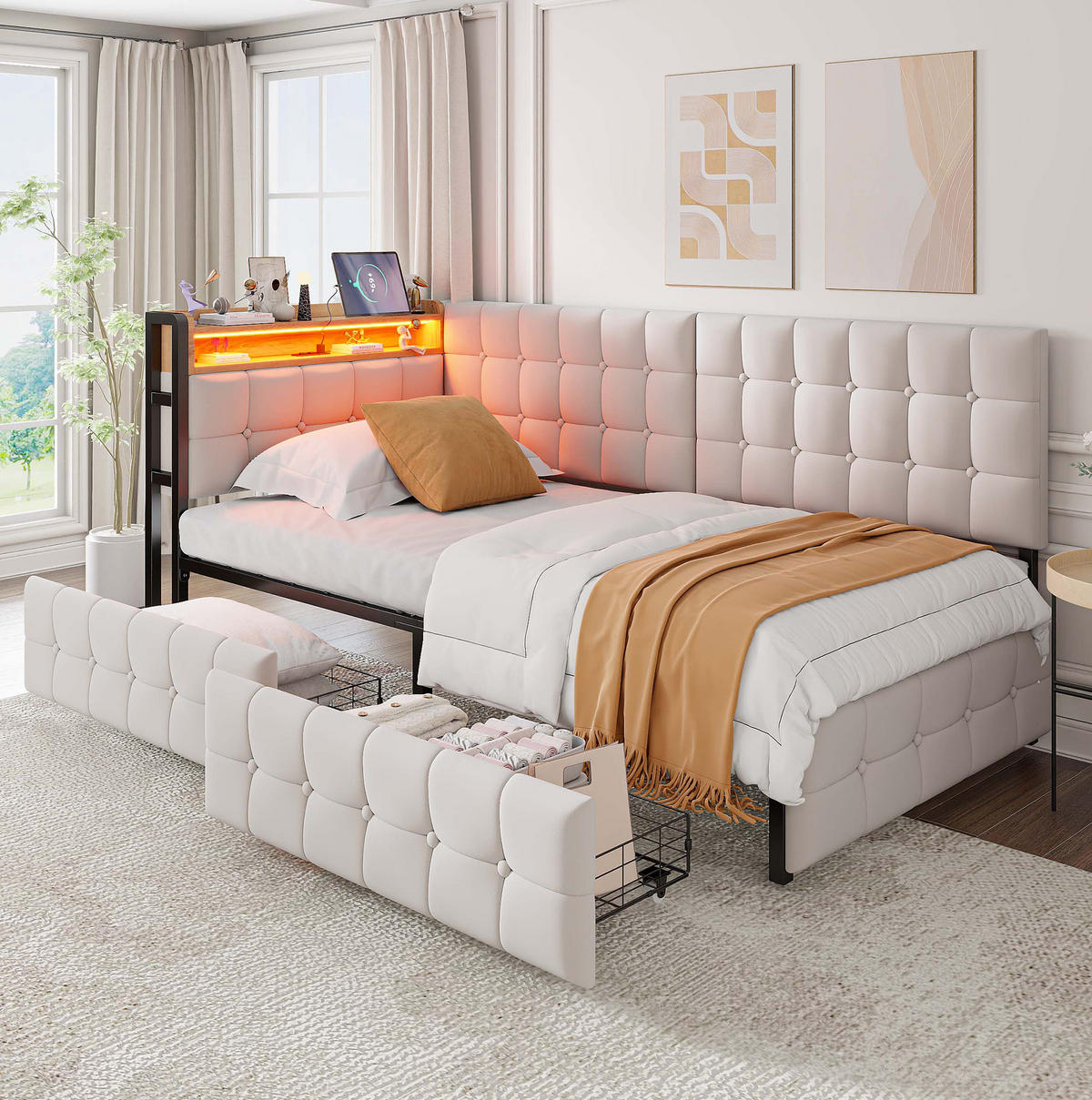 POLSTERBETT aus Samt 90x200 cm Beige mit 2 Schubladen, LED-Lichtleiste, USB- und Typ-C-Anschluss - Beige, Textil (90/200cm) - Modfu