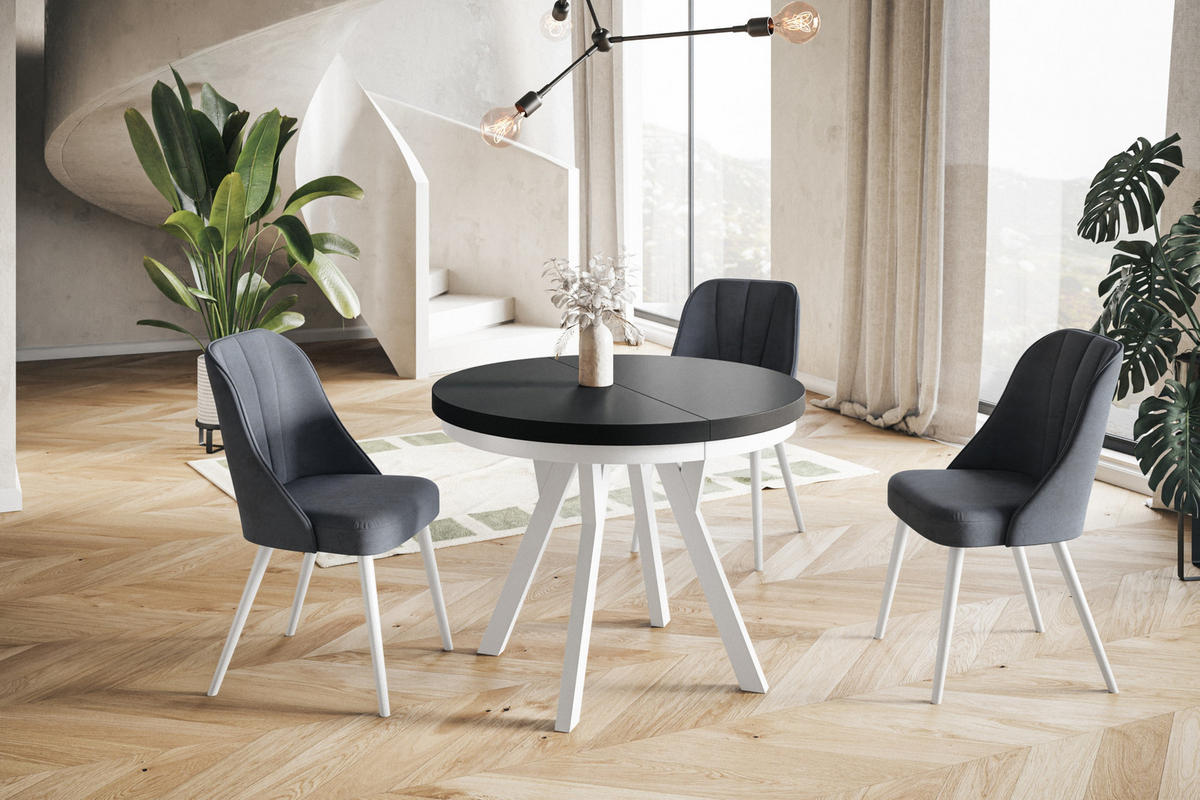 ESSZIMMERTISCH EVO, ausziehbarer Tisch 100 cm bis 200 cm, Farbe: Schwarz, mit Holzbeinen in Farbe Weiß - Schwarz/Weiß, Holzwerkstoff (100/100/77cm) - Alpi-Möbel