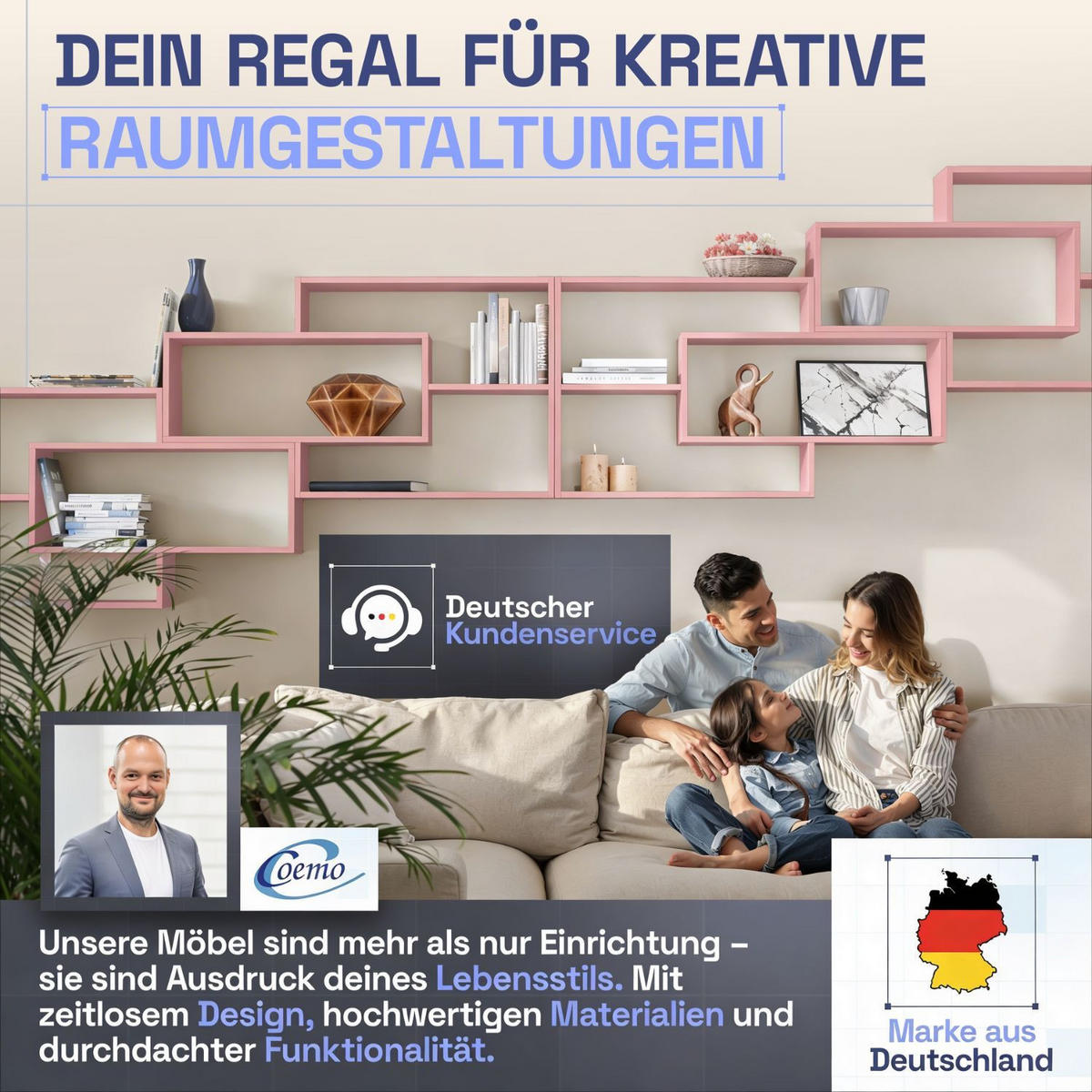 SCHWEBEREGAL KARO Rosa - Rosa, Holzwerkstoff (20/59/104cm) - Mein-Regal