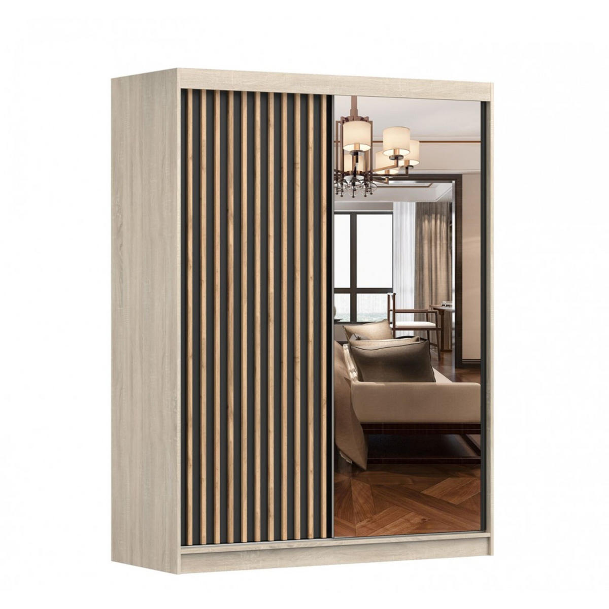 SCHIEBETÜRENSCHRANK - LABI C1 (Sonoma + Schwarz) - Schwarz/Sonoma Eiche, Holzwerkstoff/Metall (150/200/61cm) - Möblo