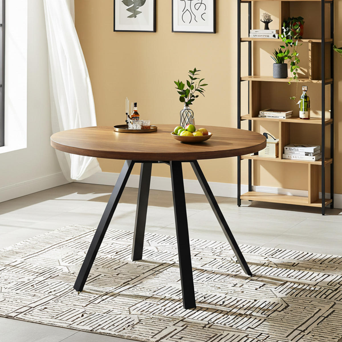 KULATÝ JÍDELNÍ STŮL 80 cm ořech a černá - kompaktní stůl s kovovými nohami v retro designu - Sonoma dub, kompozitní dřevo (80/80/75cm) - Urban Meuble