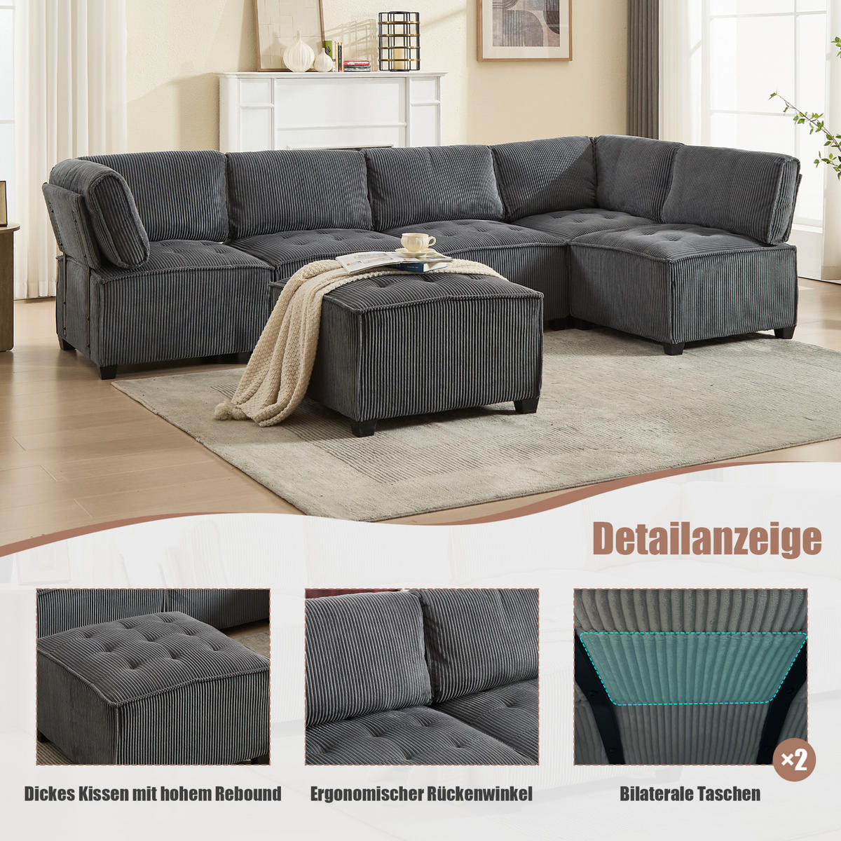 MODULARES 6-Sitzer Sofa Cord flexibel als U-/L-Form und Eckschlafsofa Grau 308/154/82 cm - Grau, Textil (154/308cm) - Redom