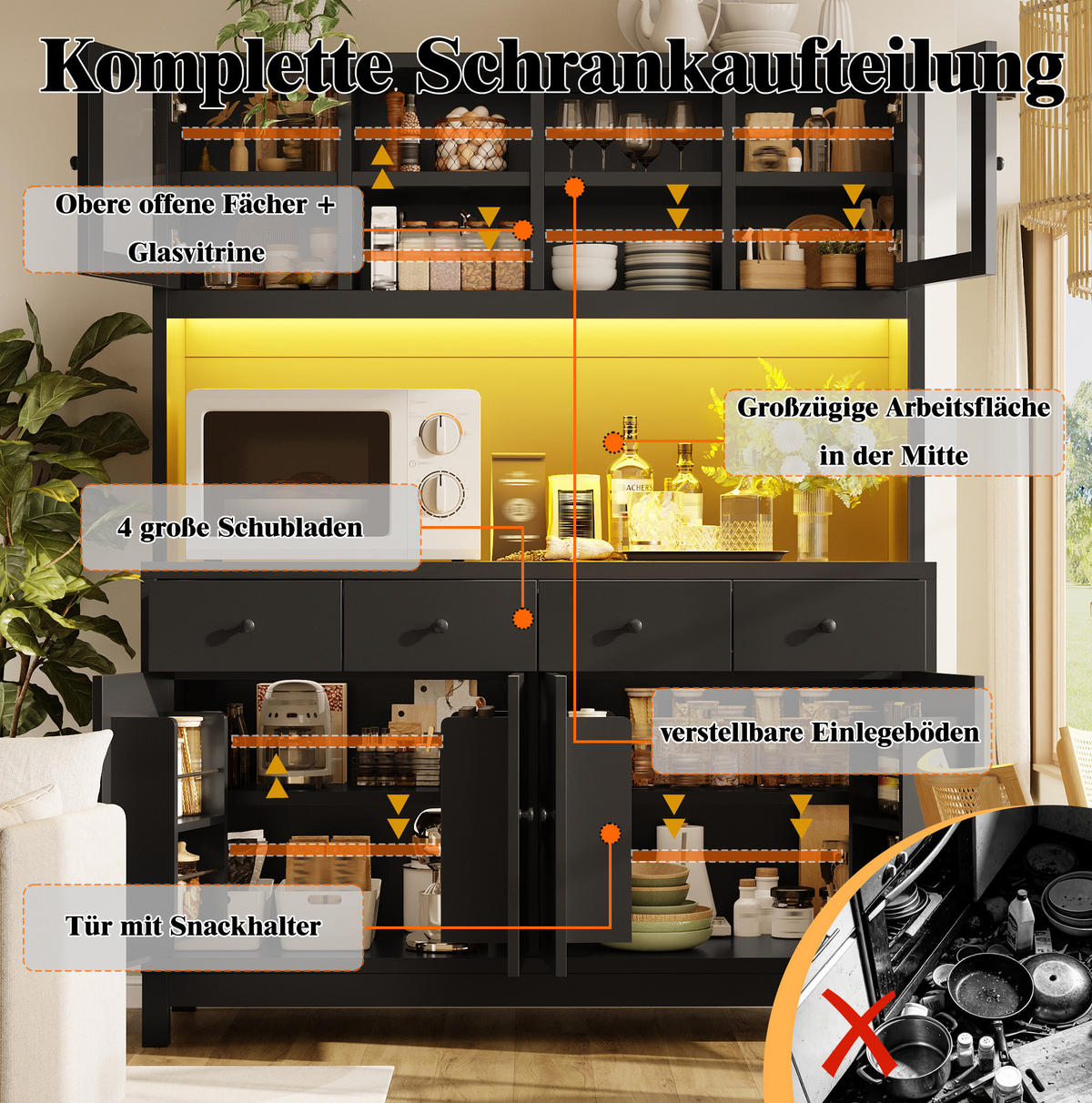 BUFFETSCHRANK aus MDF 140x38,5x180 cm Schwarz mit RGB-LED, Glastüren und 4 Schubladen - Schwarz, Holzwerkstoff (140/180/38.5cm) - IVMEU