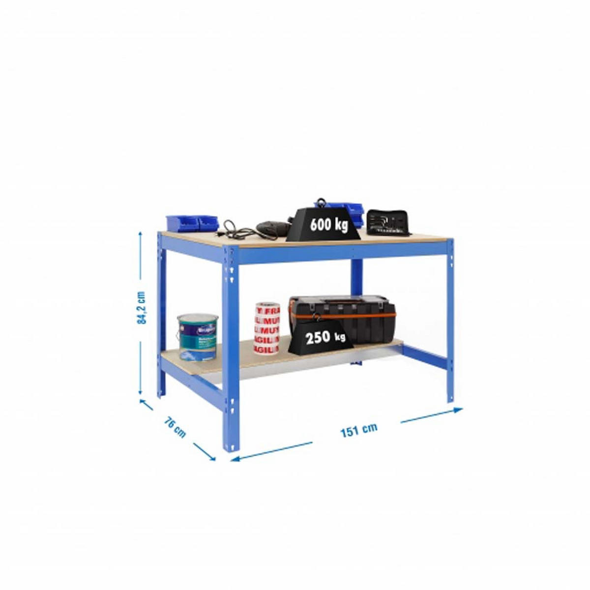 WERKBANK BUFFALO | HxBxT 84x150x76cm | Traglast 600kg | Blau - Blau, Holz (150/84/76cm) - PROREGAL