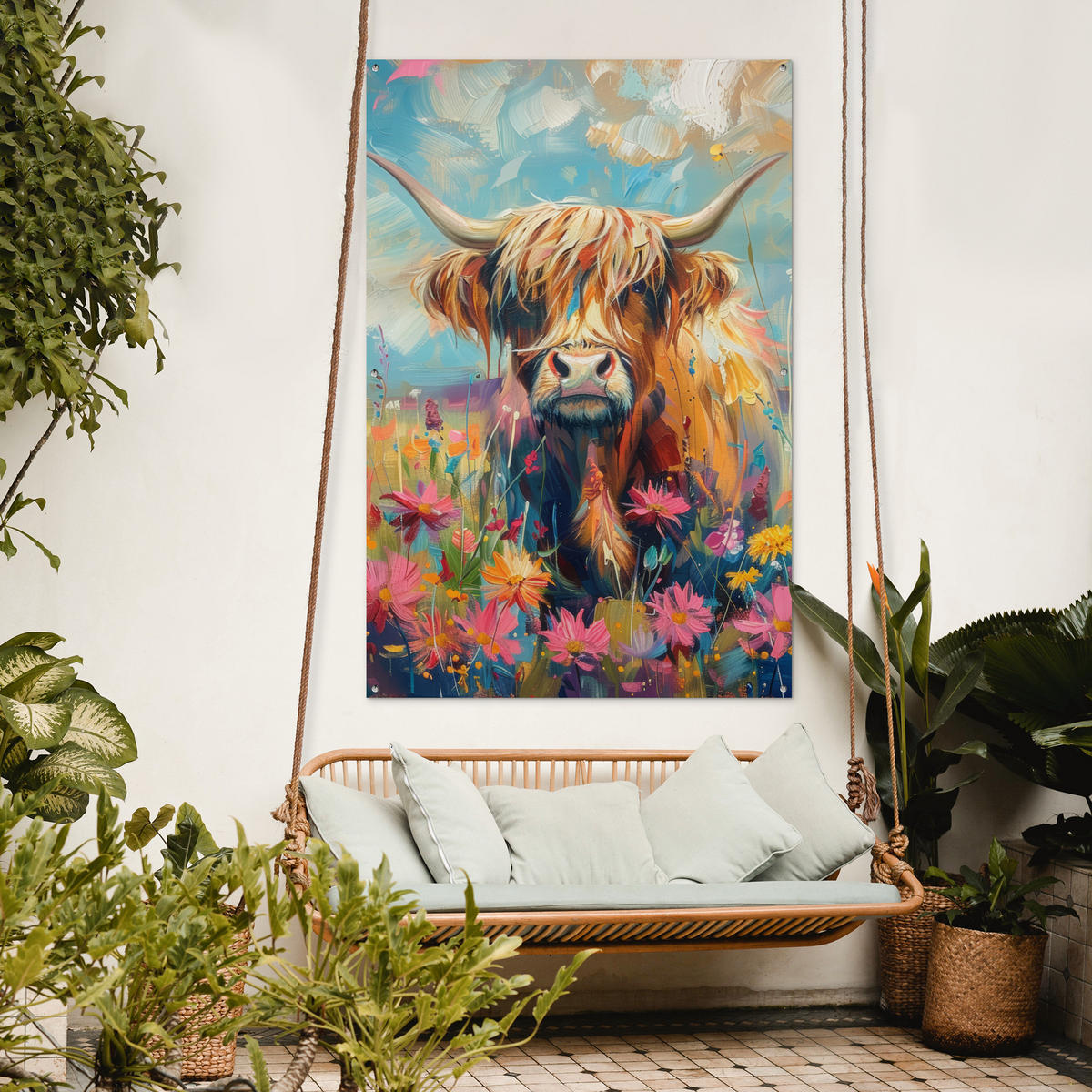ZAHRADNÍ PLAKÁT Skotský horal - Příroda - Barevné - Květiny 120x180 cm - světle modrá, plast (120/180/0.2cm) - OnlyWow