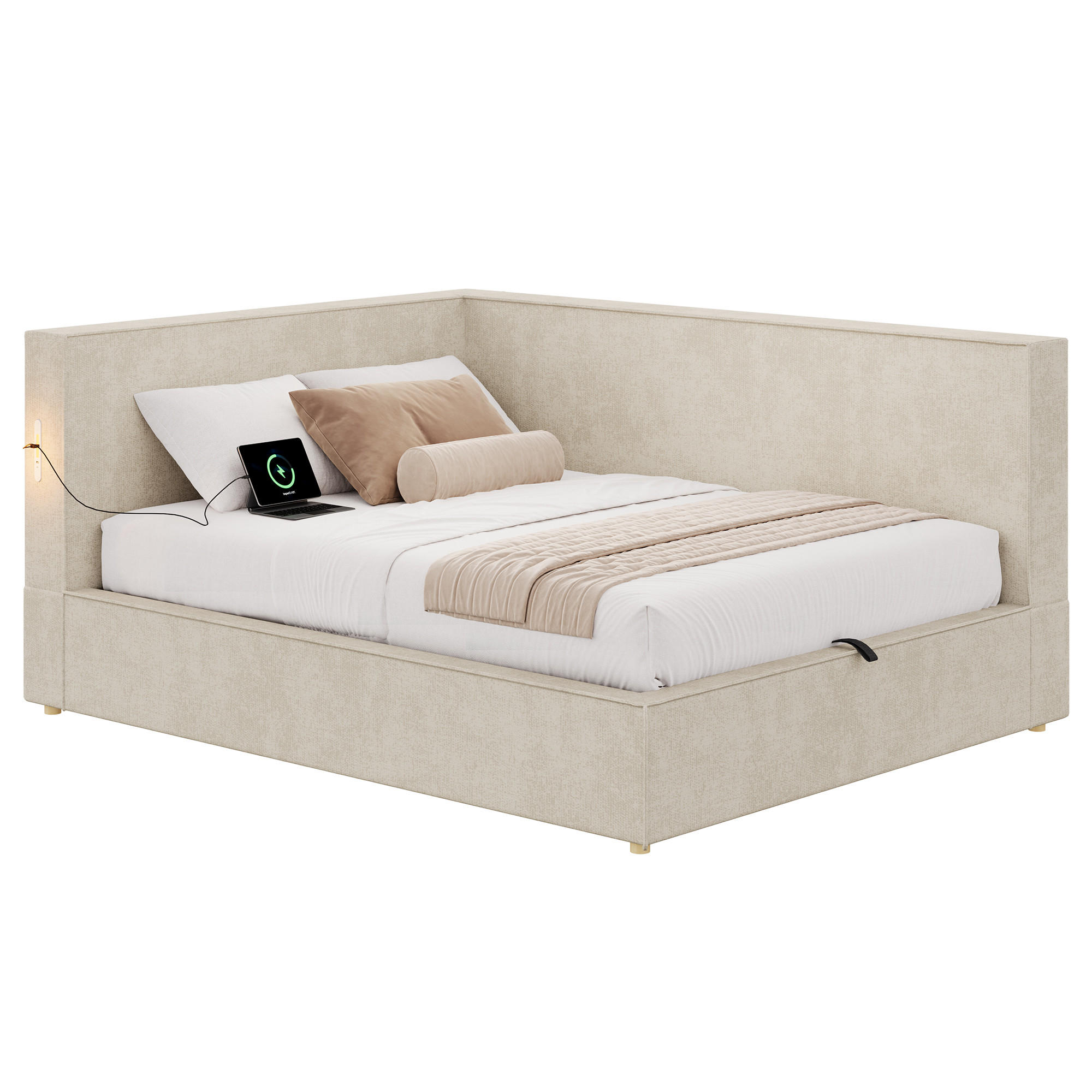 DAYBETT 140x190 cm, Beige, Chenille, LED, USB/Typ-C - Beige, Textil (140/200cm) - FLIEKS
