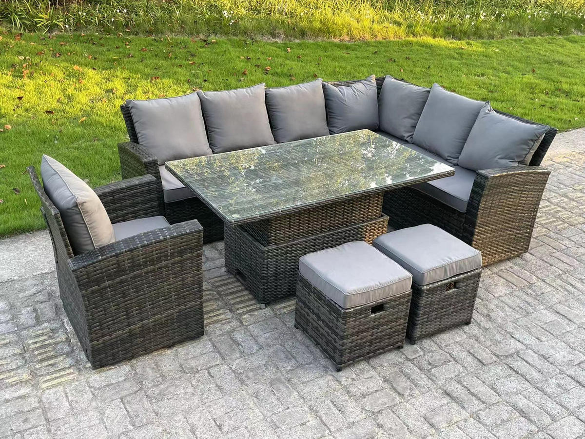 GARTENTISCHGRUPPE Rechte Ecke Polyrattan Dunkelgrau 9-Sitzer - Dunkelgrau/Grau, Glas/Kunststoff - Fimous