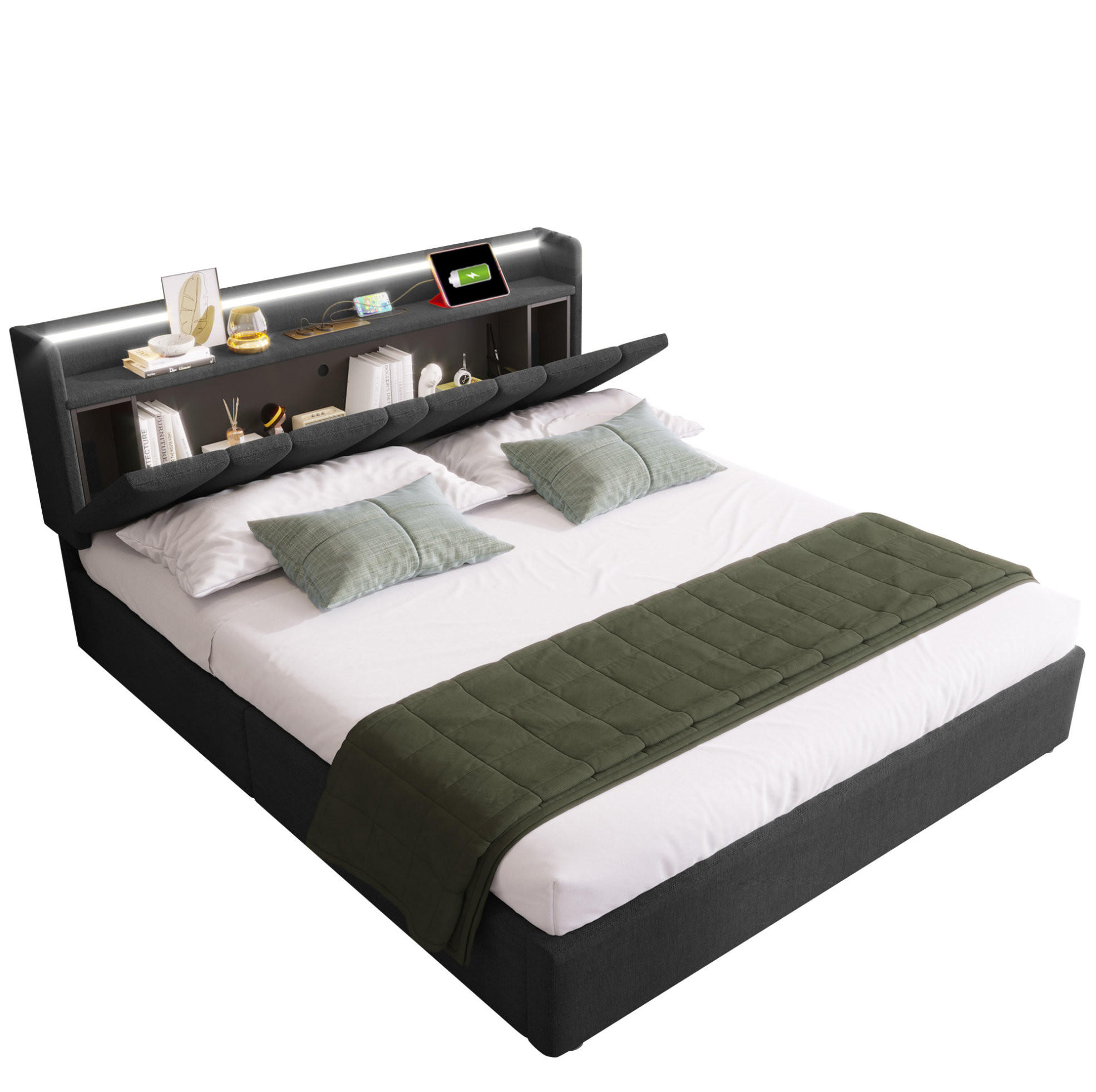 POLSTERBETT 140/190 cm mit LED, USB, Steckdosen, Stauraum-Kopfteil und Bettkasten, Leinen, Grau - Grau, Textil (140/190cm) - Redom